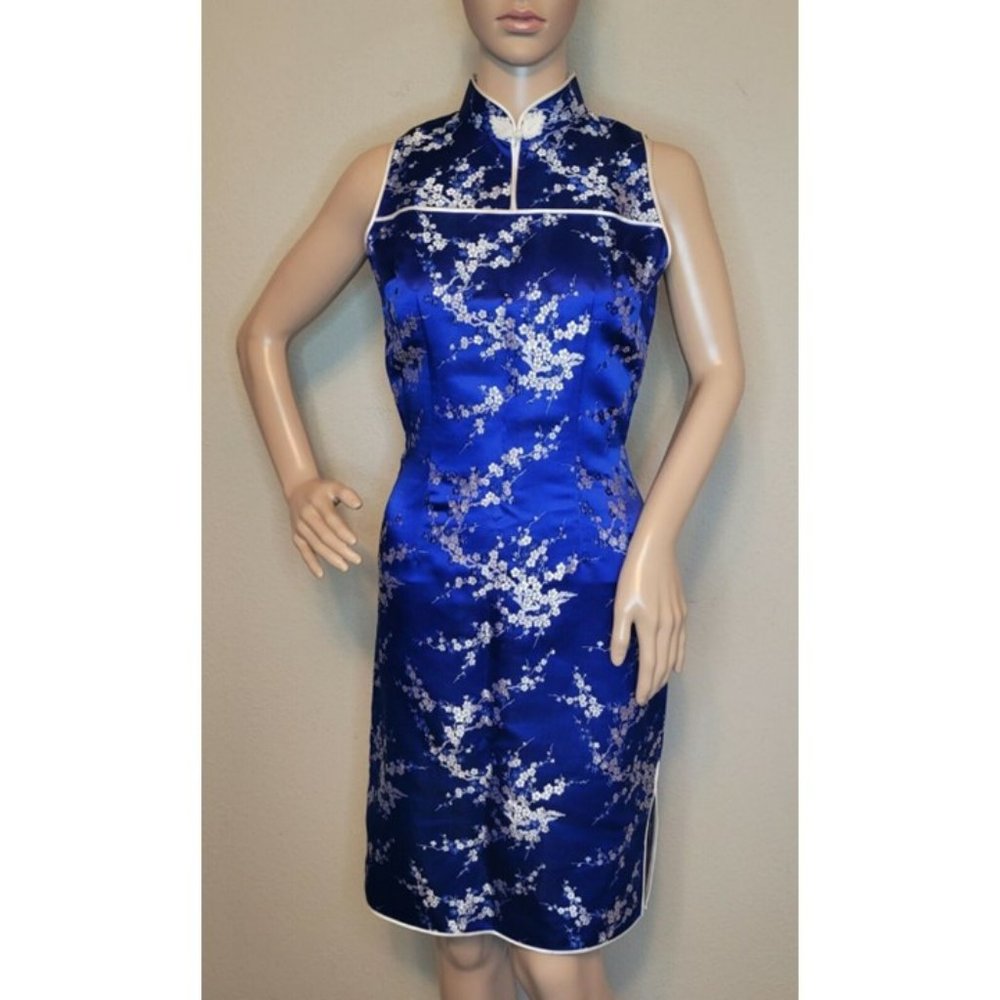 Women's Sz M Traditional Chinese Cheongsam Wedding Dress Blue Oriental Floral